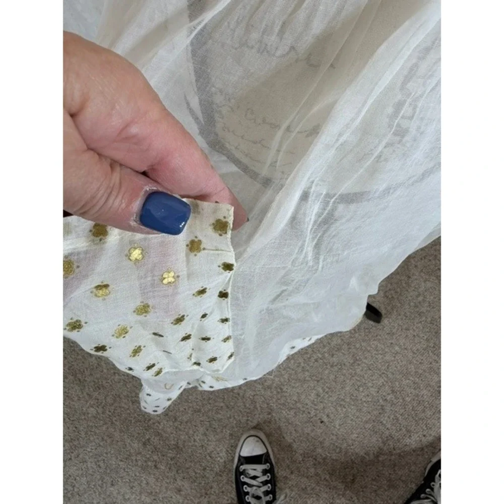 Vintage 1940s Sheer White Half Apron Gold Foil Clover Yellow Floral Embroidery